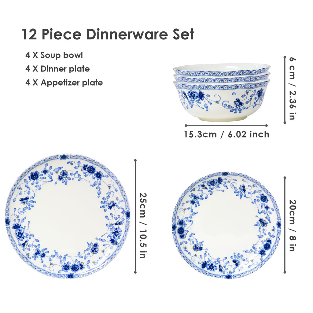 Fine Bone China Dinnerware Set, 12-Piece Blue and White Porcelain Dinnerware Set, Plates and Bowls Sets, Service for