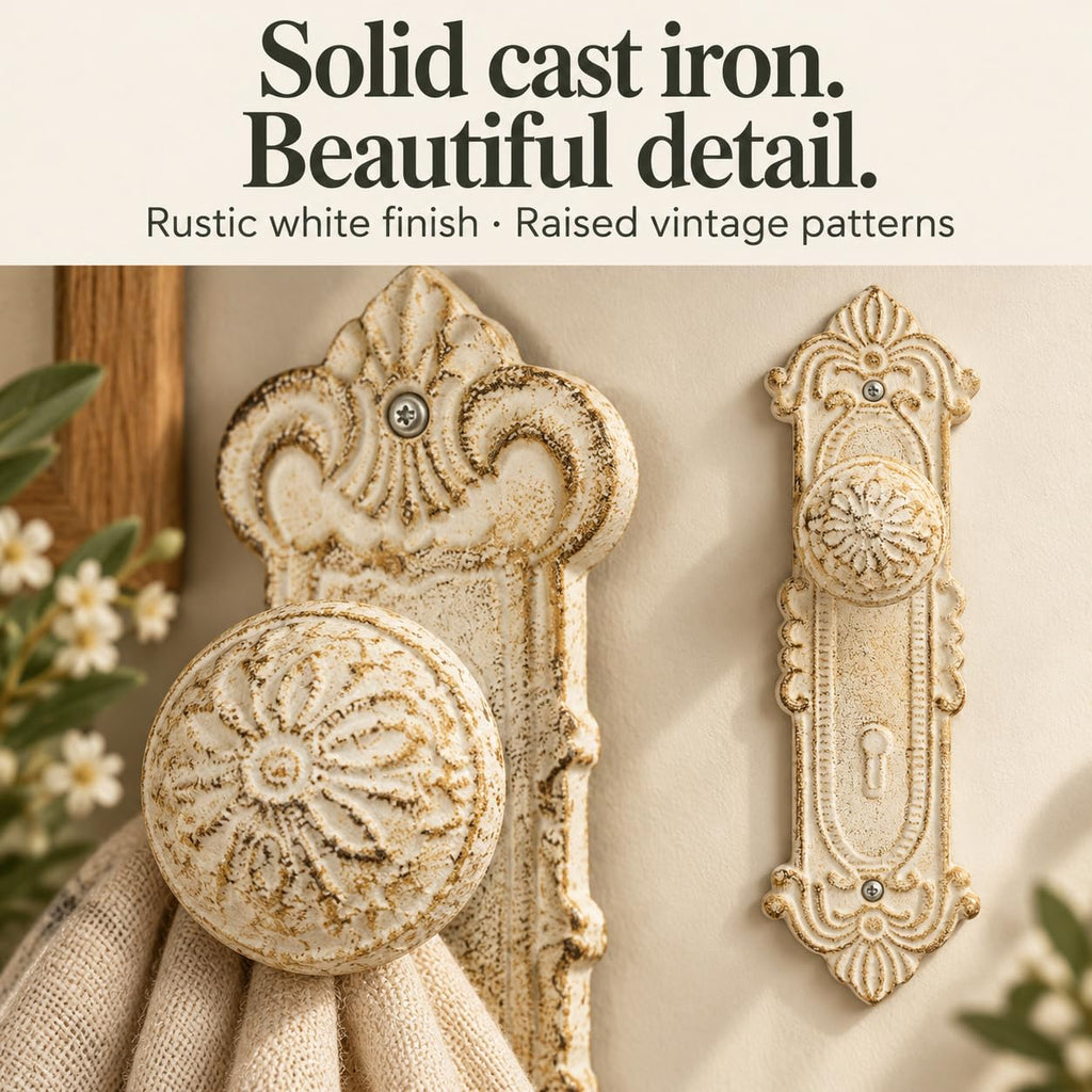 Rustic White Cast Iron Door Knob Wall Hooks - Set of 3 - 7.9" H