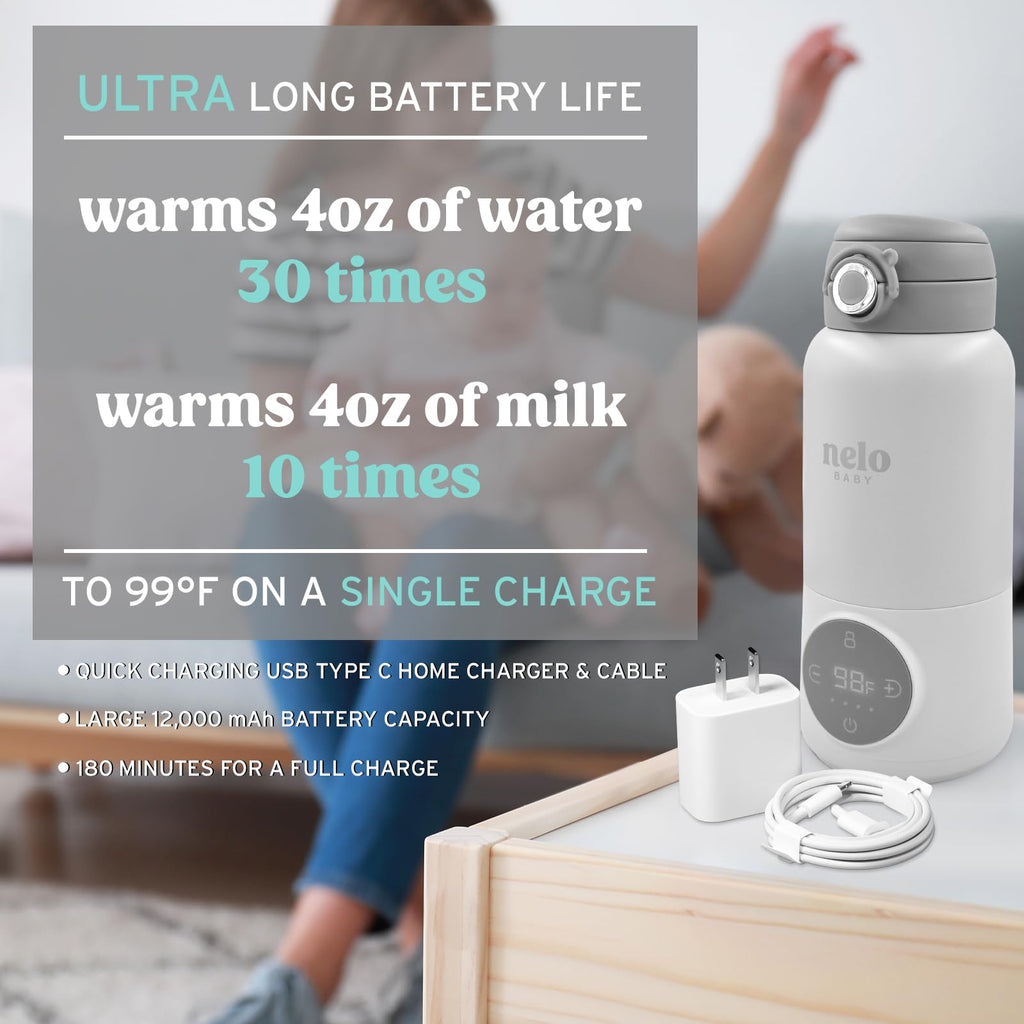 Portable Milk Warmer with Large 16oz Capacity, Super Fast Charging, Fast Heating, Cordless, Formula, Breastmilk, &