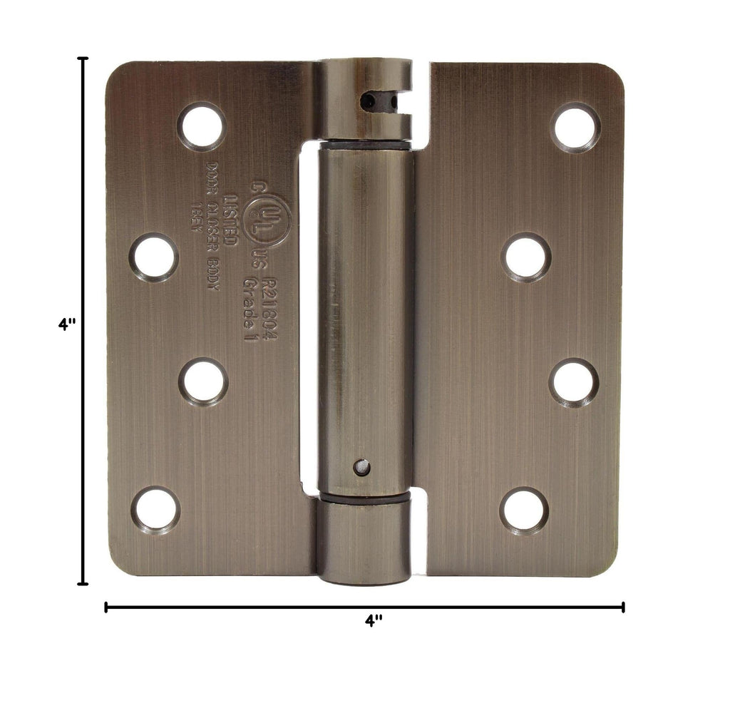 Self-Closing Door Hinge, 4 Inches, 1/4" Radius Corner, Antique Brass