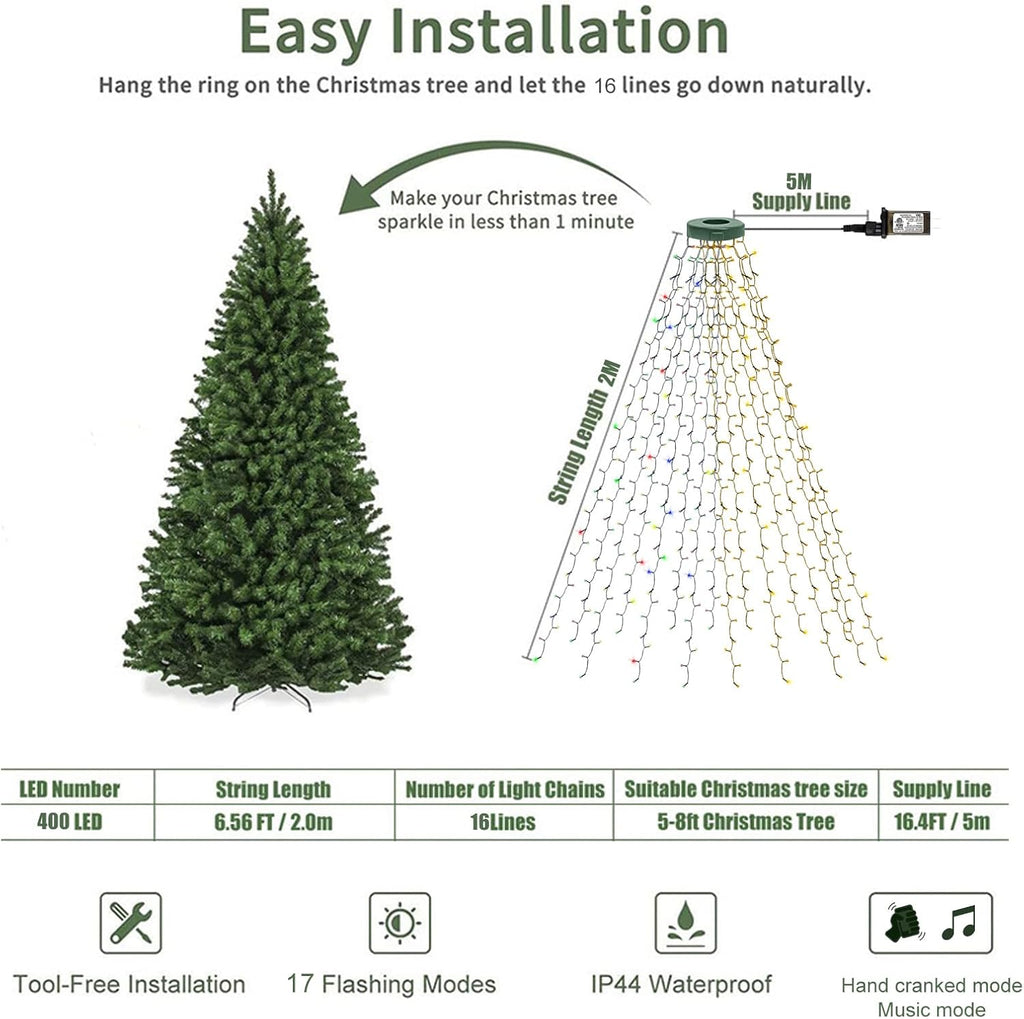 Smart Christmas Tree Lights, APP Control 6.56Ft 16 Lines String 400 LED Decorations Lights with Ring, DIY scenarios