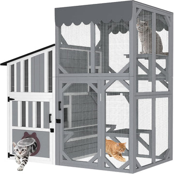 3 Tiers Catio 69" H Outdoor Cat Enclosures, Large Cat House Feral Cats Shelter with Weathproof Roof, Window Access