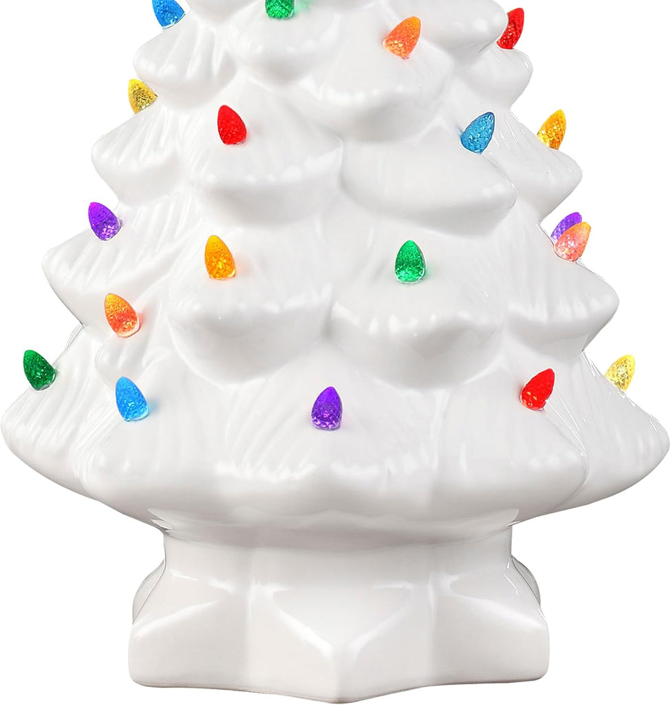 Nostalgic Ceramic Christmas Tree with LED Lights Indoor Decoration, 14 Inches, White