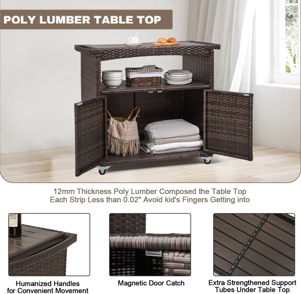 Outdoor Storage Cabinet,Outdoor Cabinet Outdoor Bar Cart with Rolling Heels Patio Bar Table with Storage Wicker