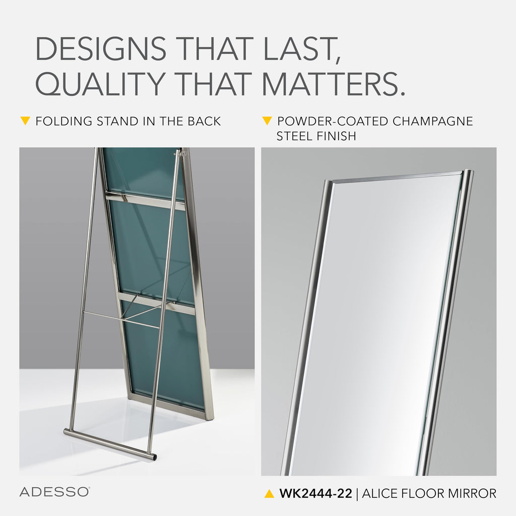 Floor Mirror, Brushed Steel, Freestanding, Foldable Kickstand, 59"