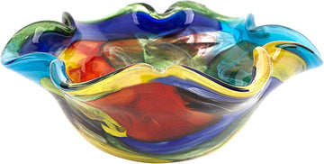 Stormy Rainbow Art Glass - Murano-Style Art Glass Bowl Centerpiece - 8" Mouth-Blown Glass Bowl - Decor Bowl