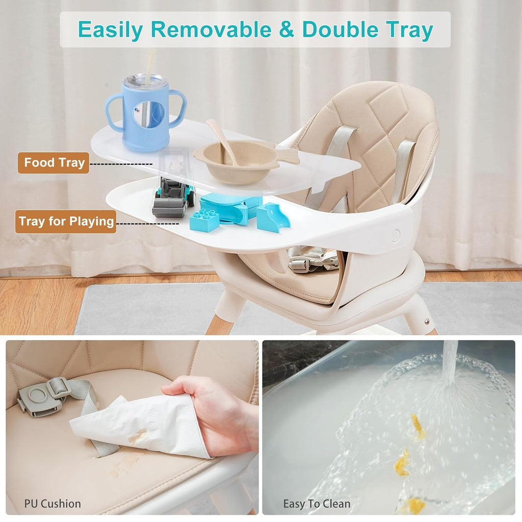 High Chair, 6 in 1 Wooden Convertible High Chairs for Babies and Toddlers, Booster Seat with Double Tray & Reversible