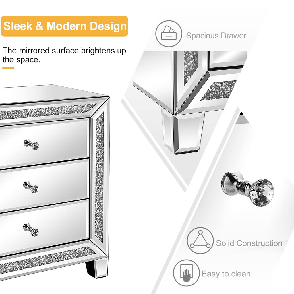Mirrored Nightstands Set of 2, 23" W Glass Mirror Night Stand Set of 2, Modern Bedside Table 3 Drawer Glass Side End