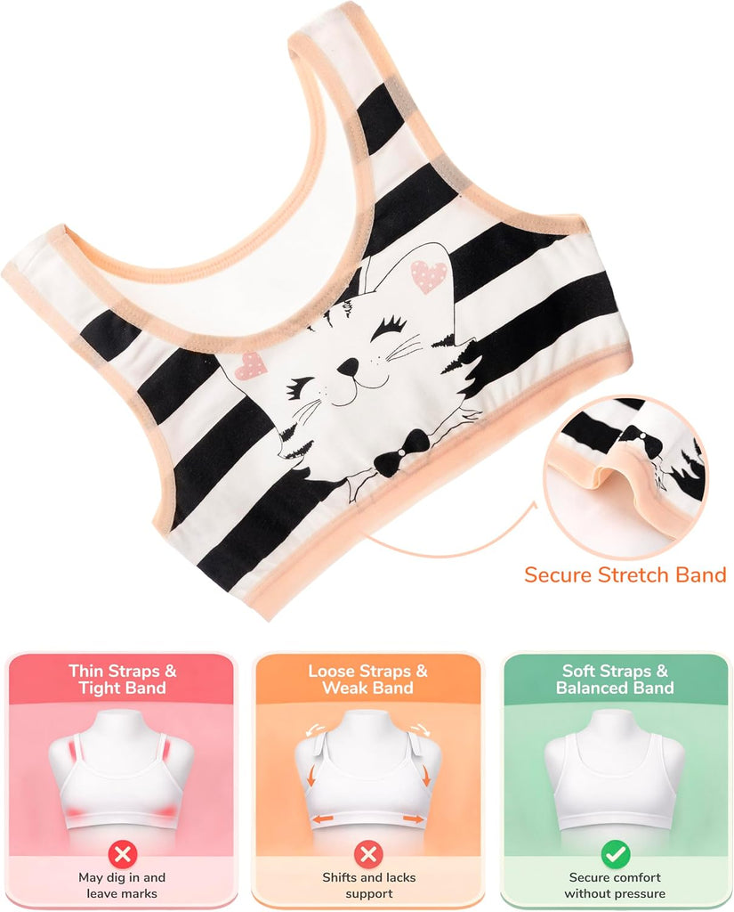 Girls Training Bras - Soft Cotton Kids Sports Bra, 5 Pack Crop Tops