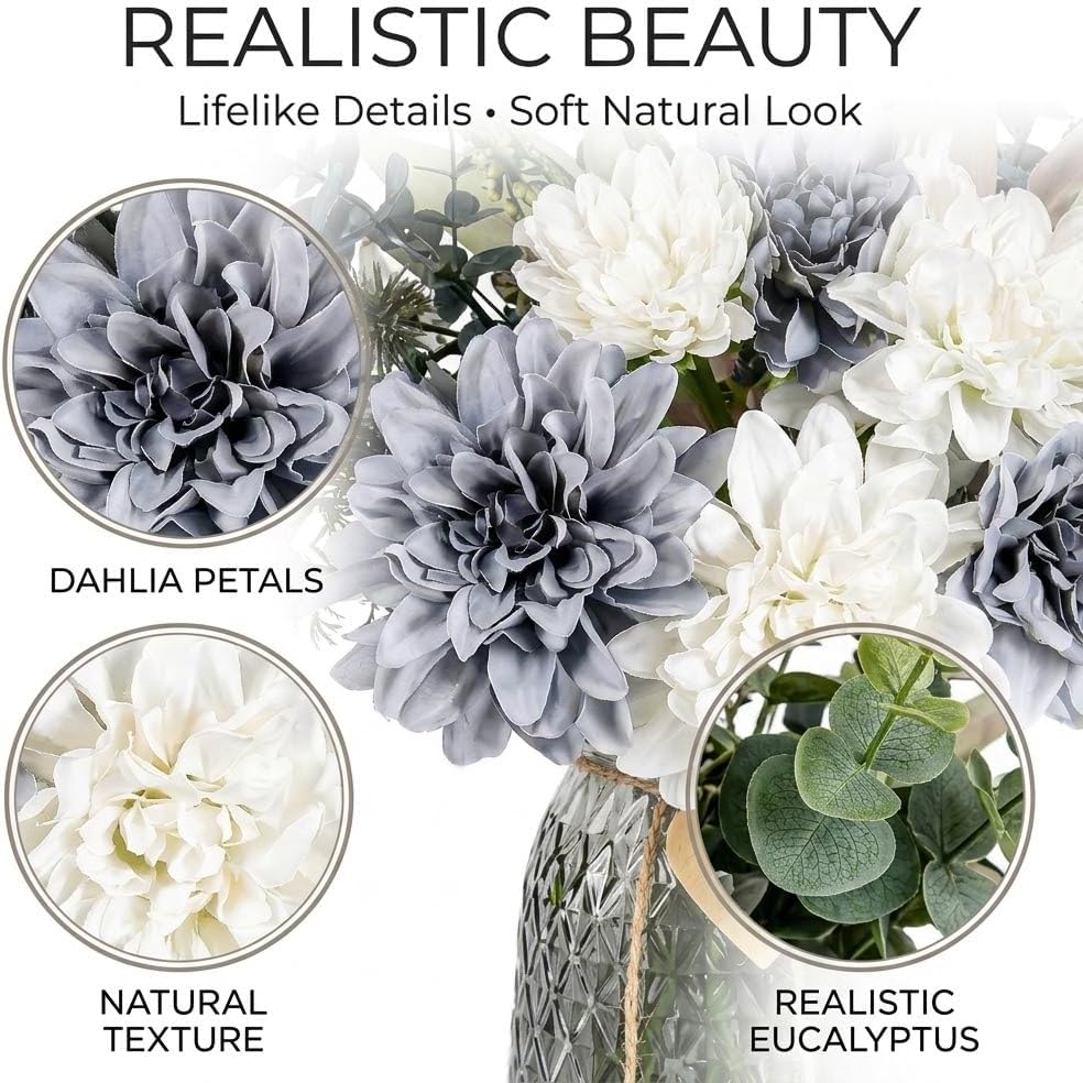 Blue Artificial Flowers with Glass Vase - Realistic Silk Dahlias Hydrangeas Bouquet with Wooden Heart Charm