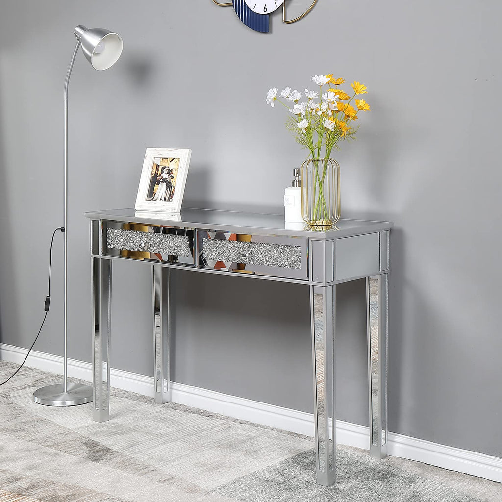 Mirrored Desk with 2 Drawers Silver Console Table Mirror Sofa Table with Crystal Inlay Front, Foyer, 42 Inch
