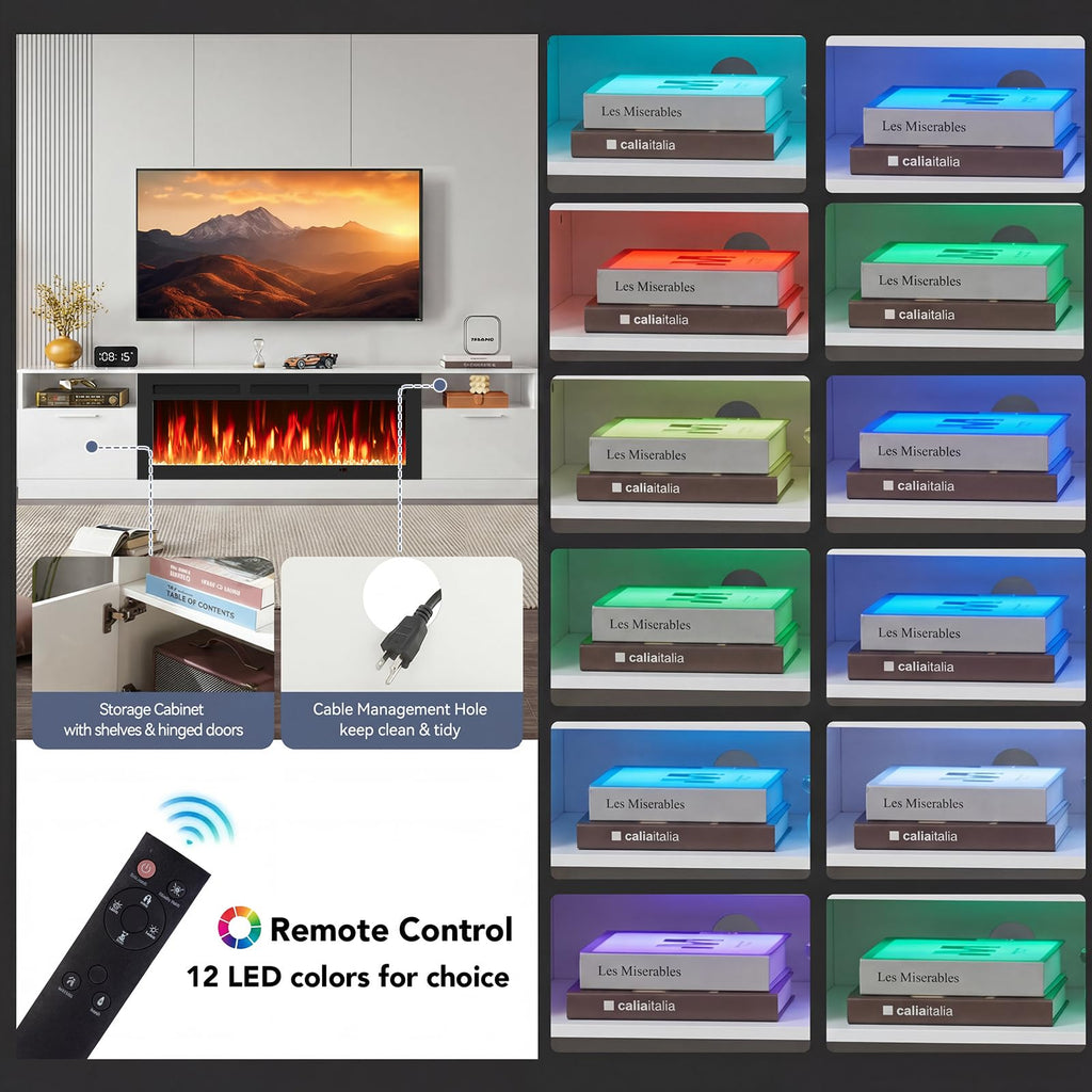 90" TV Stand with 50" Electric Fireplace, Large Modern Media Entertainment Center with Storage Cabinet and 12 Colors