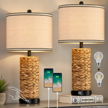 Rattan Table Lamps Set of 2, Bedside Lamps Nightstand