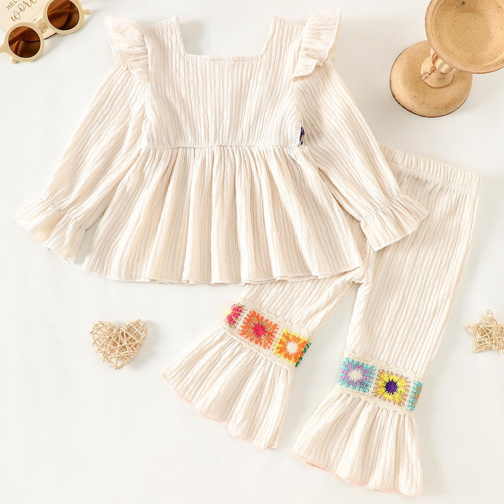 Baby Girl 2pcs Fall Outfits Embroidered Floral Print Long Sleeve Top and Flared Pants