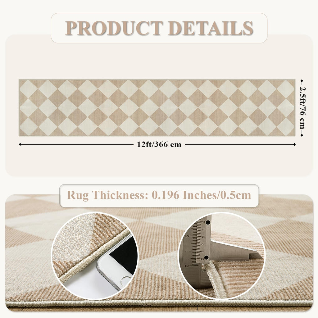 Checkered Print Carpet Runners 12ft, Beige Neutral Washable Long Hallway Runner Rug, Moroccan Gingham Diamond