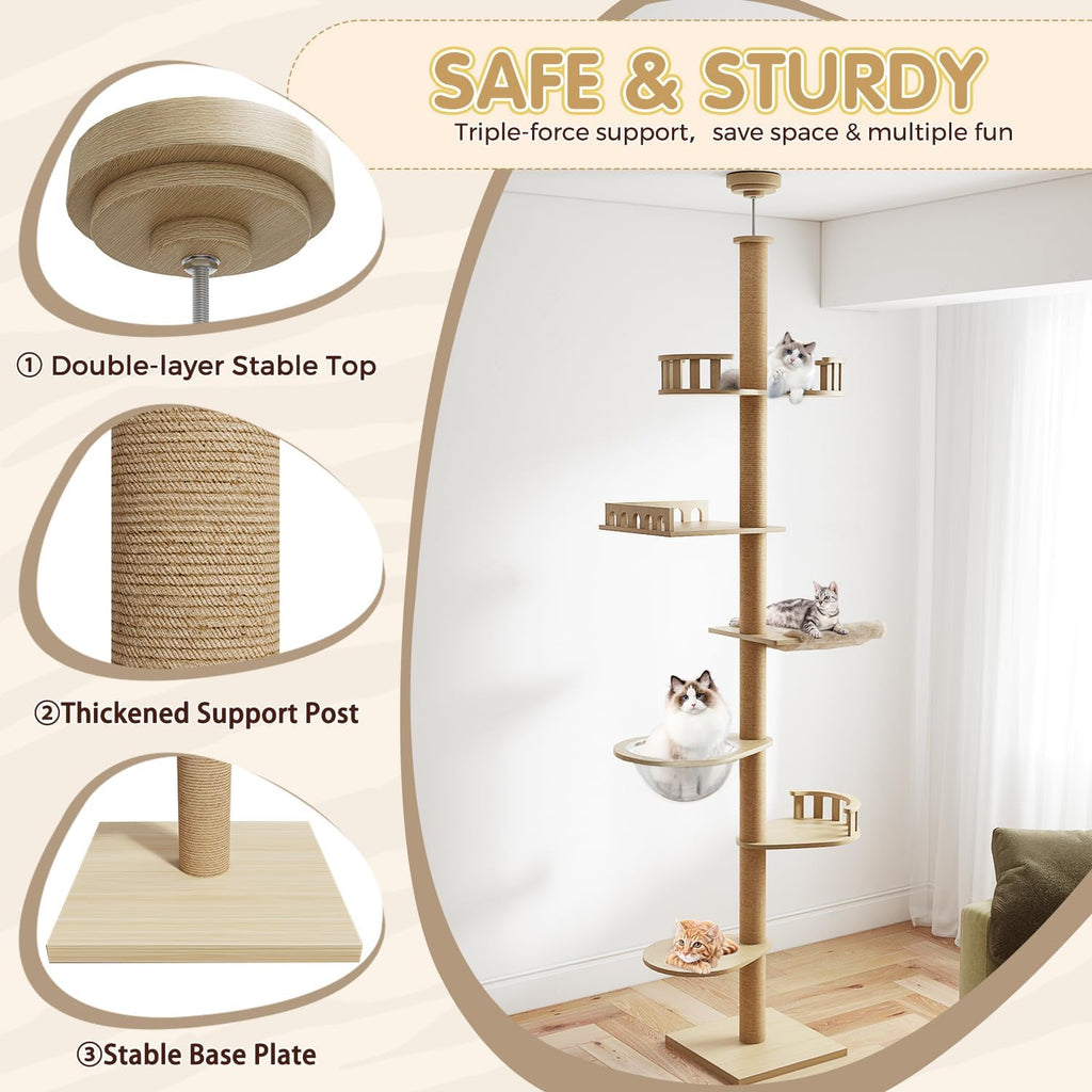 Cat Tree, Floor to Ceiling Cat Tree Height (86-106 in) Adjustable Cat Tower 6 Tier Hemp Scratching Post Cats Activity