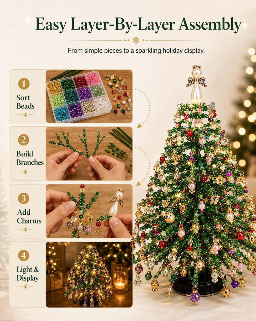 DIY Beaded Christmas Tree Kit for Adults, 3D Crystal Bead Holiday Craft Set with Colorful Beads, Ornament Charms &