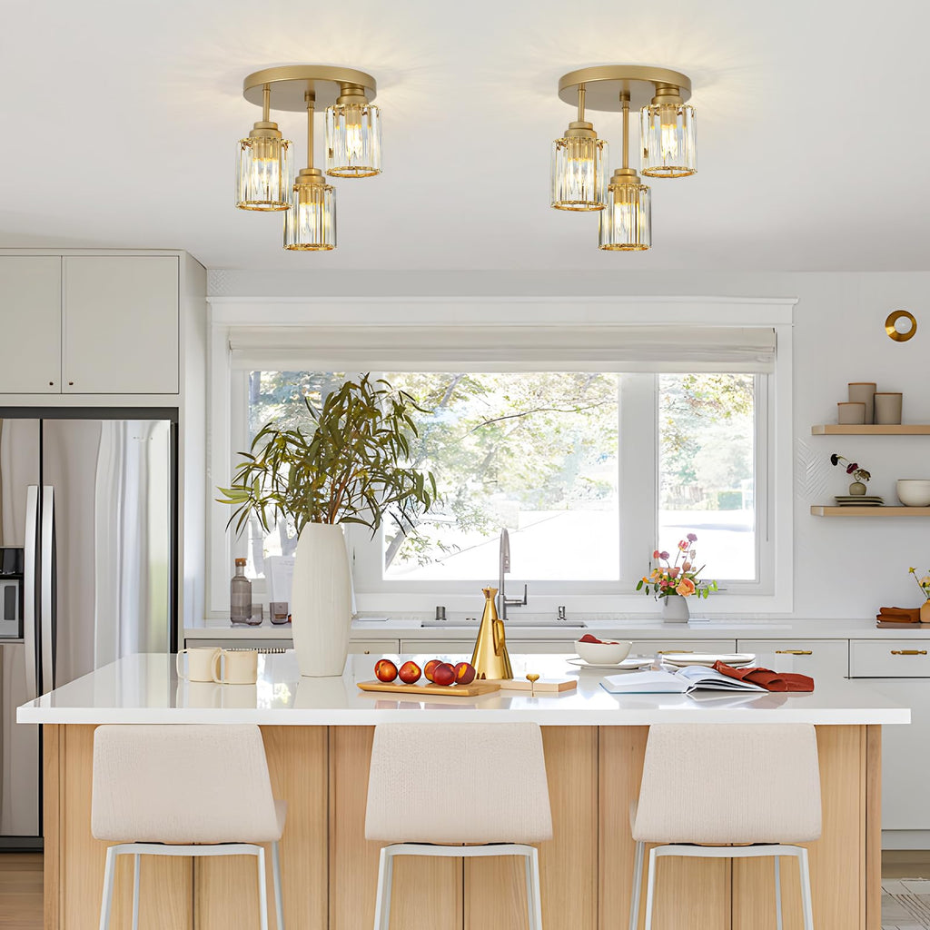 3-Light Champagne Gold Semi Flush Mount Ceiling Light, Modern Ceiling Light with Clear K9 Crystal Shade, E26 Base
