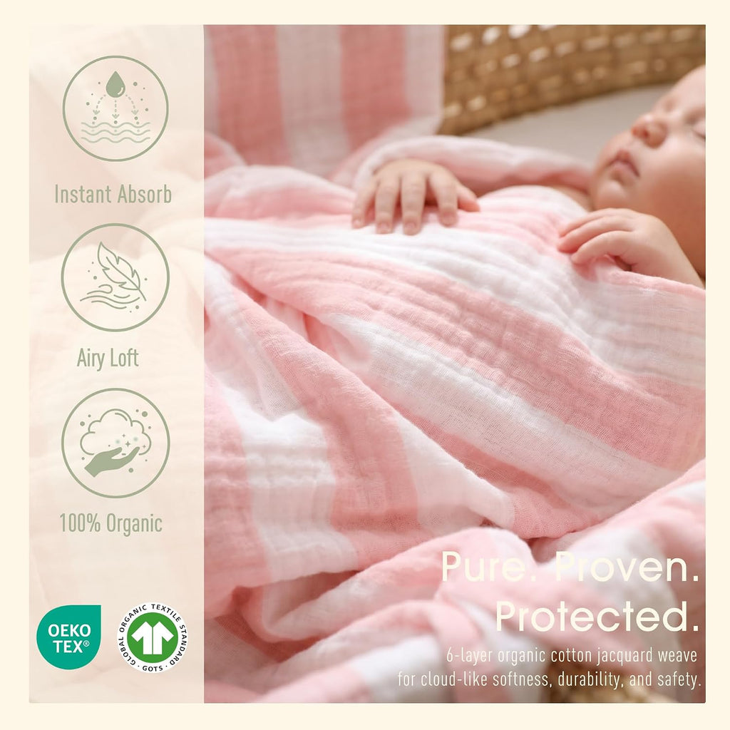 Organic Muslin Baby Bath Towel Blanket Pc Gift Set -Pink Stripe