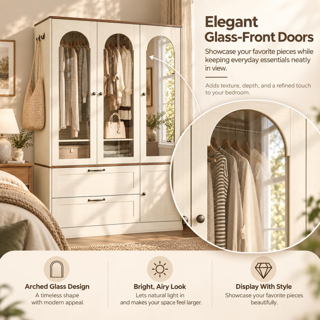 71" H Wardrobe Armoire with Mirror and Sensor Light, Flexible, Antique White