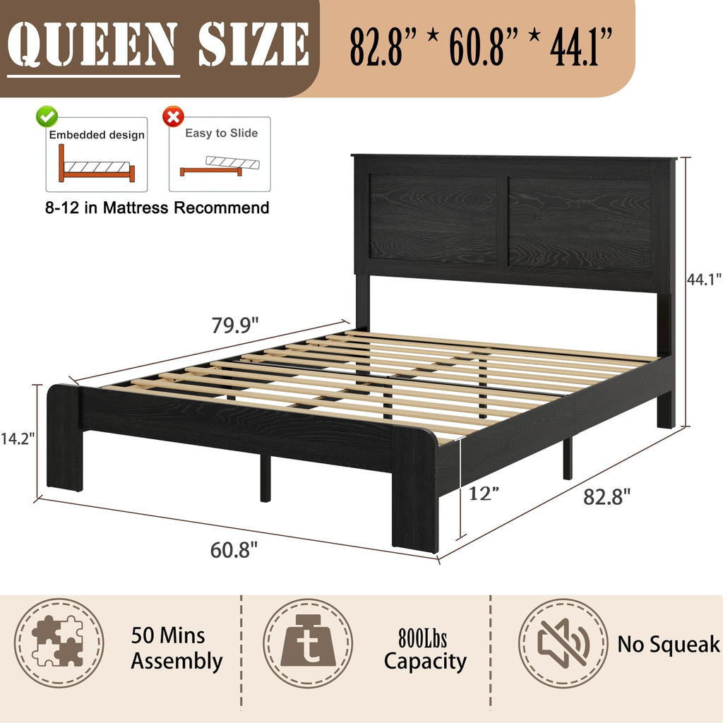 Wooden Bed Frame with Headboard, Farmhouse Platform Bed