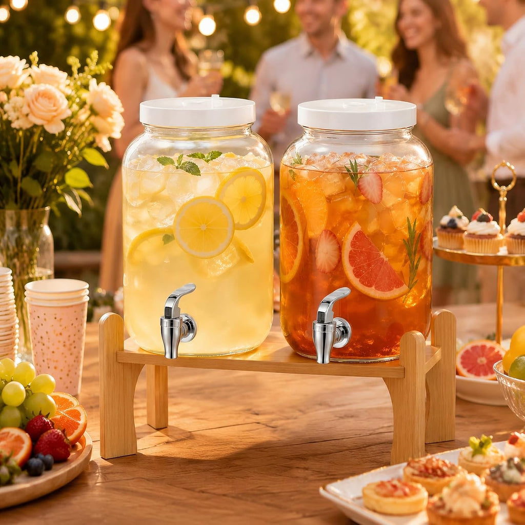 Gallon Large with Stand for Parties, Glass Iced Beverage Dispensers with Spigot, Reusable Water Dispenser - Set of 2
