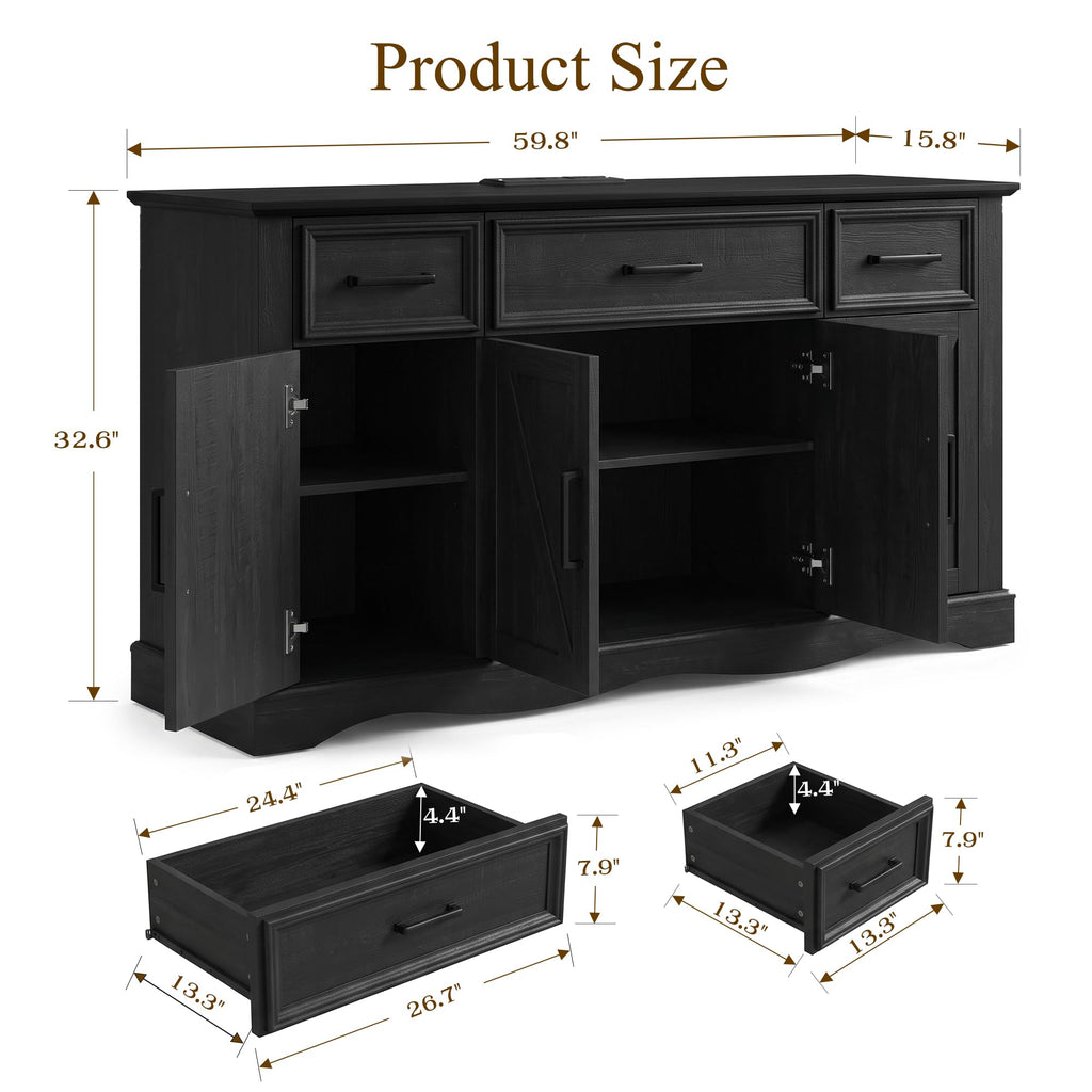 60" Farmhouse Buffet Cabinet with Storage, Sideboard with Charging Station
