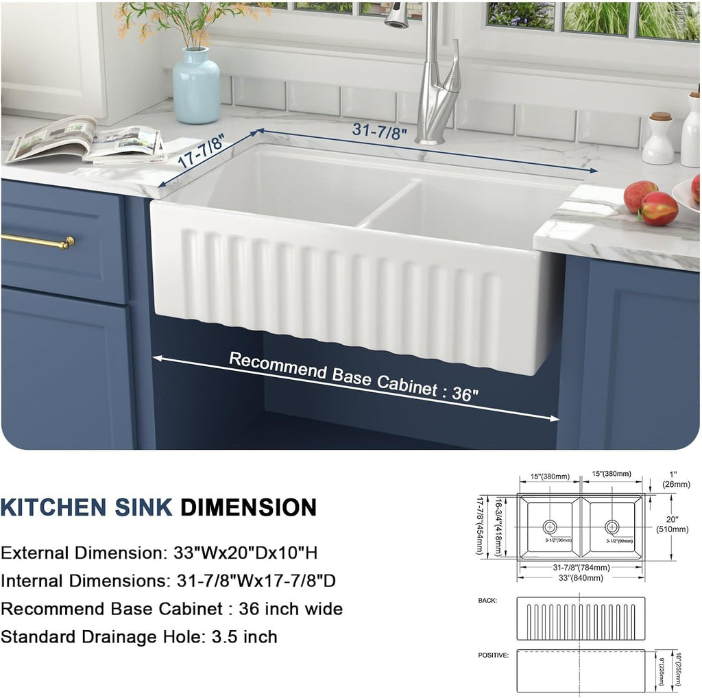 33 Inch White Farmhouse Kitchen Sink Workstation Fireclay | Double Bowl Farmer house Apron Front Sink 50/50