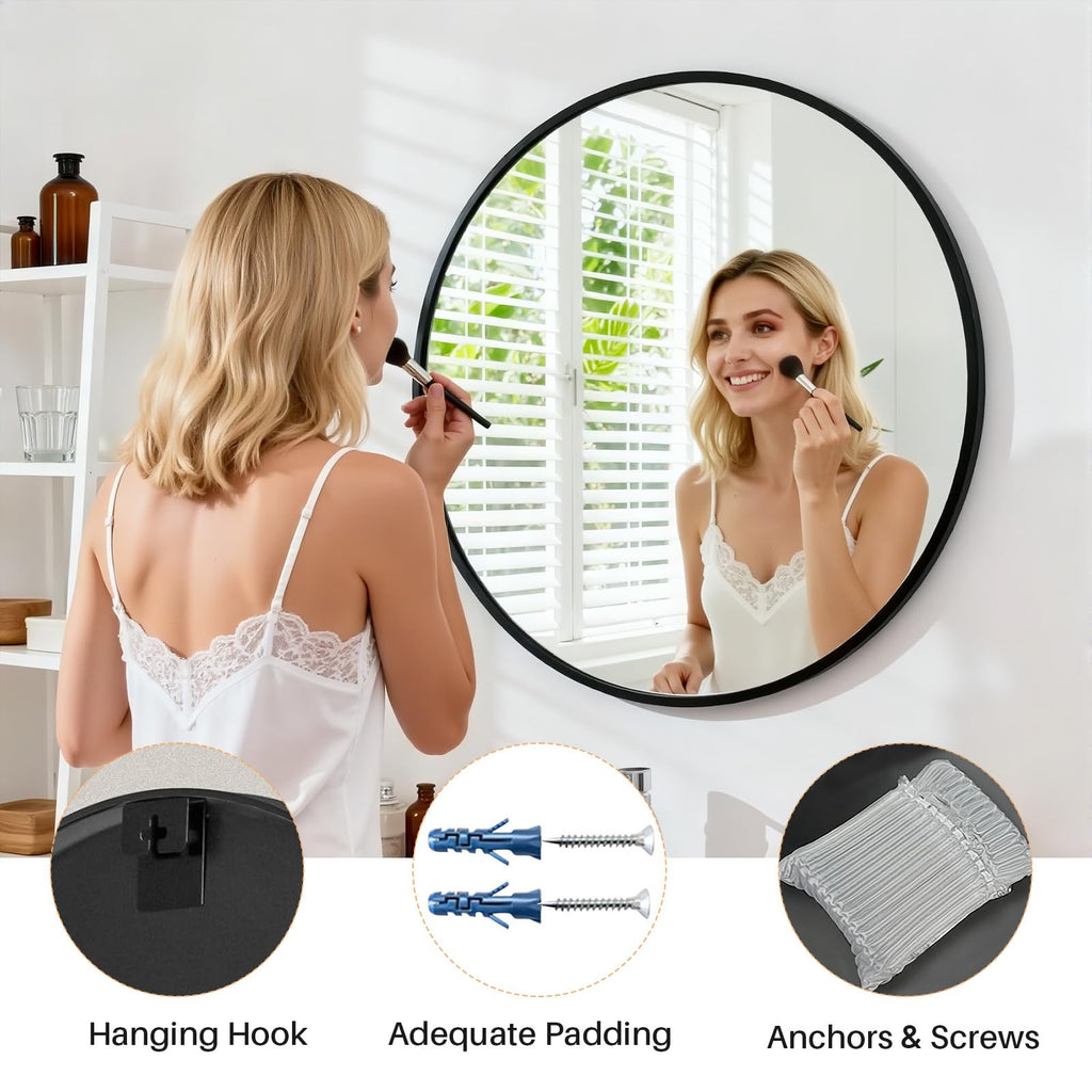 Bathroom Mirror for Wall, 20 Inch Round Mirror, Matte Black Metal Framed Circle Vanity Mirrors Bedroom Living Room