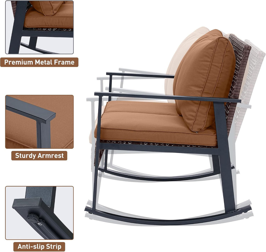 Outdoor Wicker Loveseat Rocking Chair, Patio Outdoor Furniture Conversation Sets, Rattan Rocker Chair with Cushions