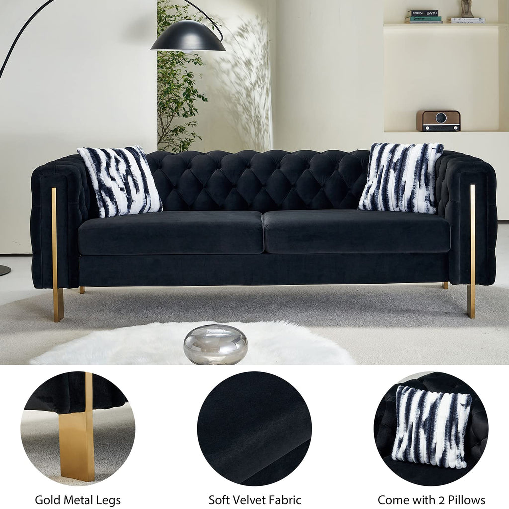 Velvet Tufted Sofa, 84" Mid-Century Modern Couch with 2 Throw Pillows, High Arms & Gold Metal Legs, Luxury