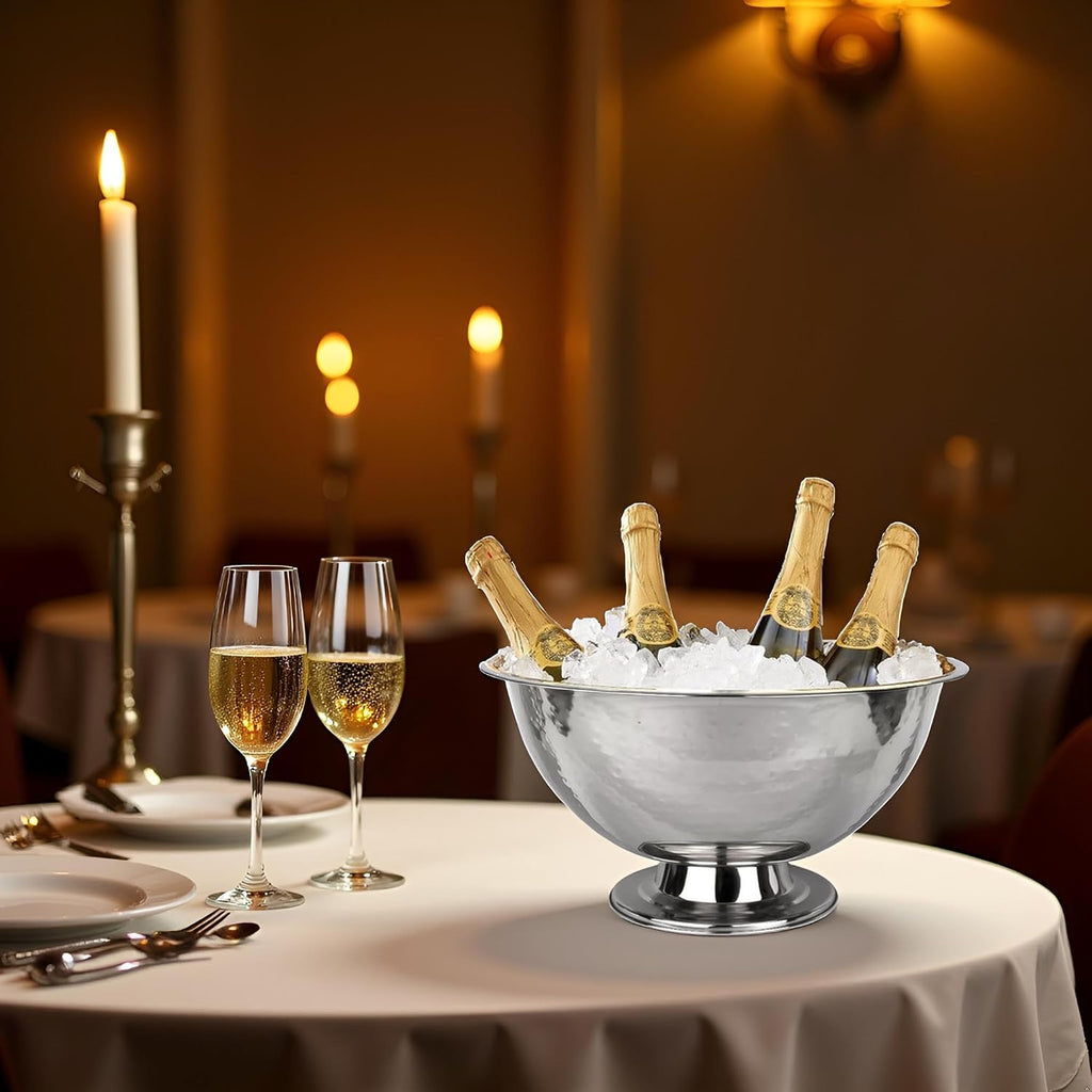 16" Footed Champagne Bucket, Beverage Tub, Wine and Champagne Server, Stainless Steel with Hammered Silver Finish