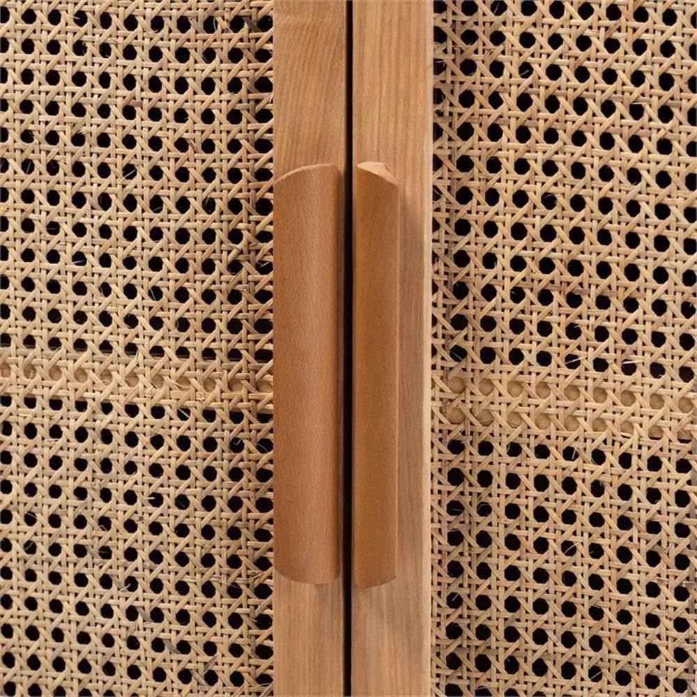 Mid-Century Wood/Rattan 2-Door Storage Cabinet, Oak Finish, 44.29" H x 31.5" W x 14.17" D, Adjustable Shelves, Angled
