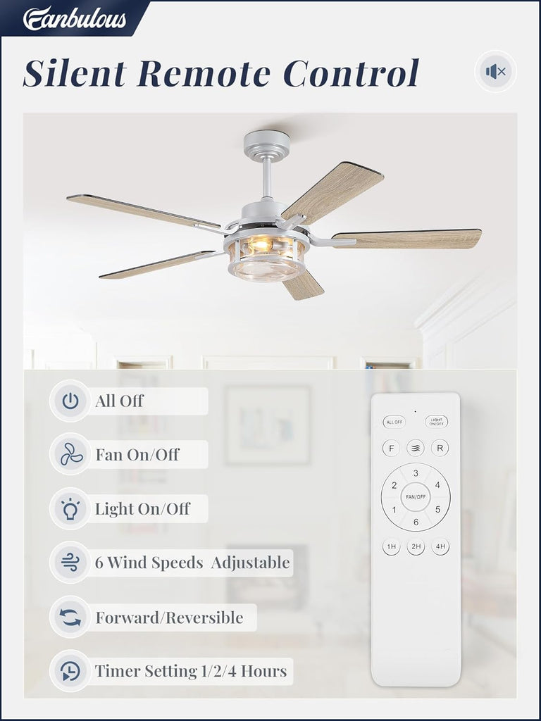 52 Inch Ceiling Fan with Light and Remote,Downrod Mount Farmhouse Ceiling Fan , Quiet 6-Speed Reversible DC Motor