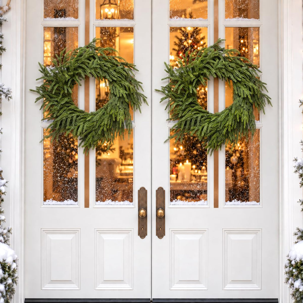 24 Inch Christmas Wreaths for Front Door Real Touch Norfolk Pine Wreath for Winter Indoor&Outdoor Porch Windows Wall