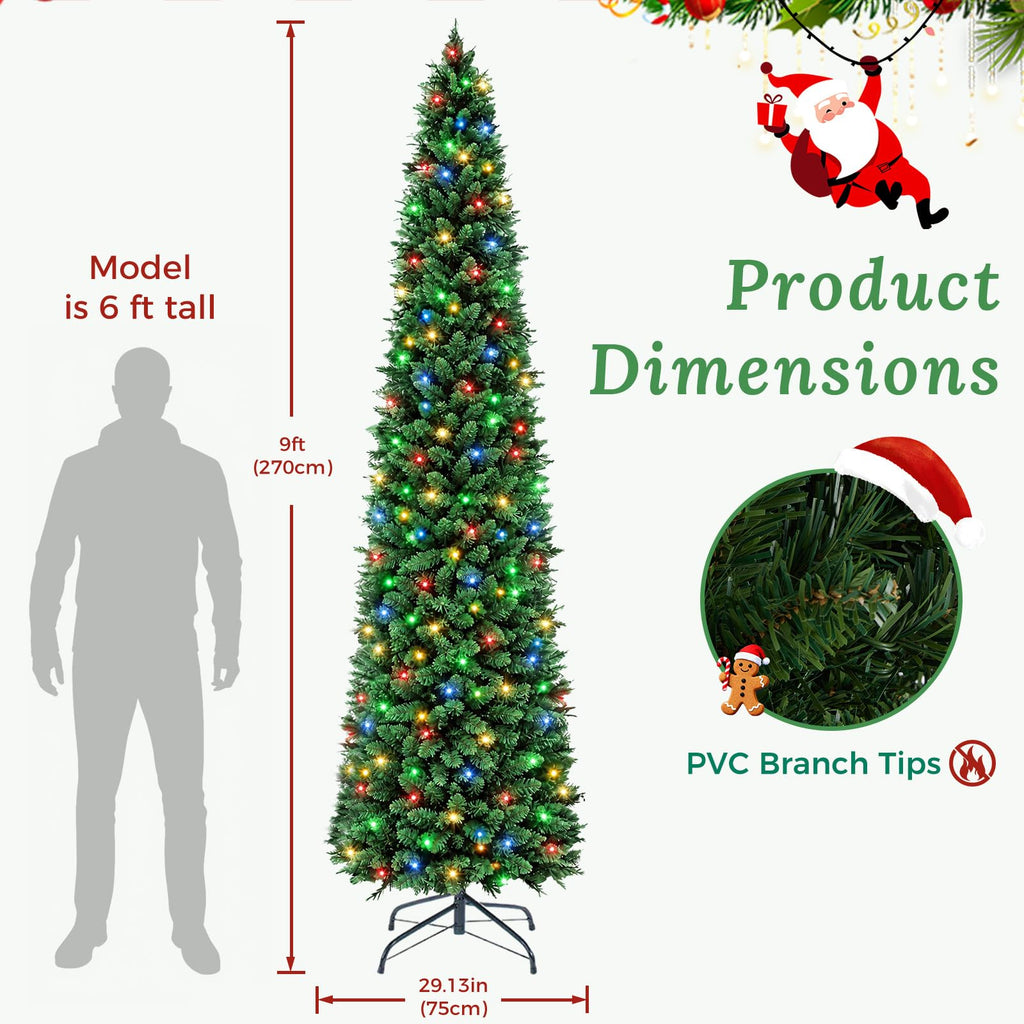9 ft Pre-Lit Pencil Christmas Tree, Multicolor LEDs, Green