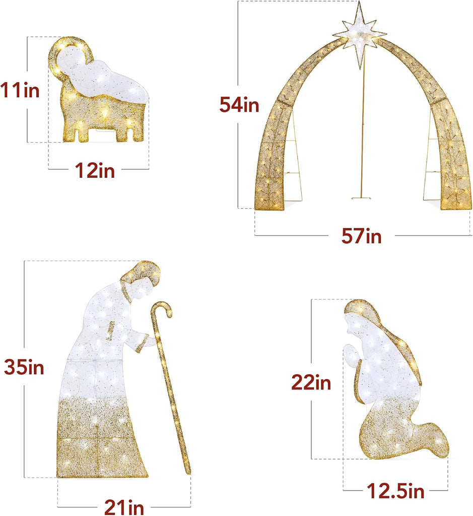4.5ft Lighted 2D Outdoor Nativity Scene, Christmas Arch Holy Family Yard Decoration w/ 115 LED Lights, Stakes, Zip