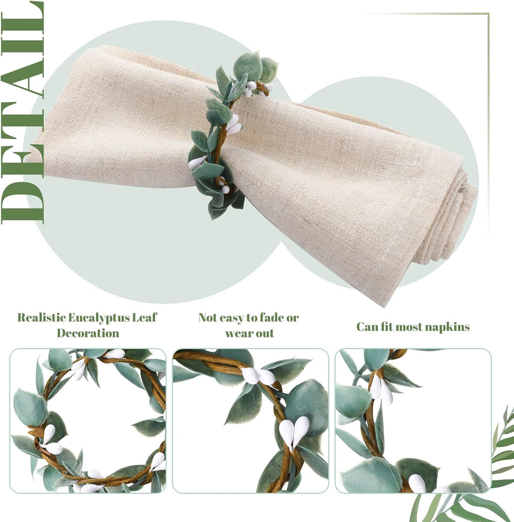 Eucalyptus Napkin Rings Rustic Farmhouse Greenery Leaf Napkin Ring Holders for Wedding, Thanksgiving, Christmas - Set of 6