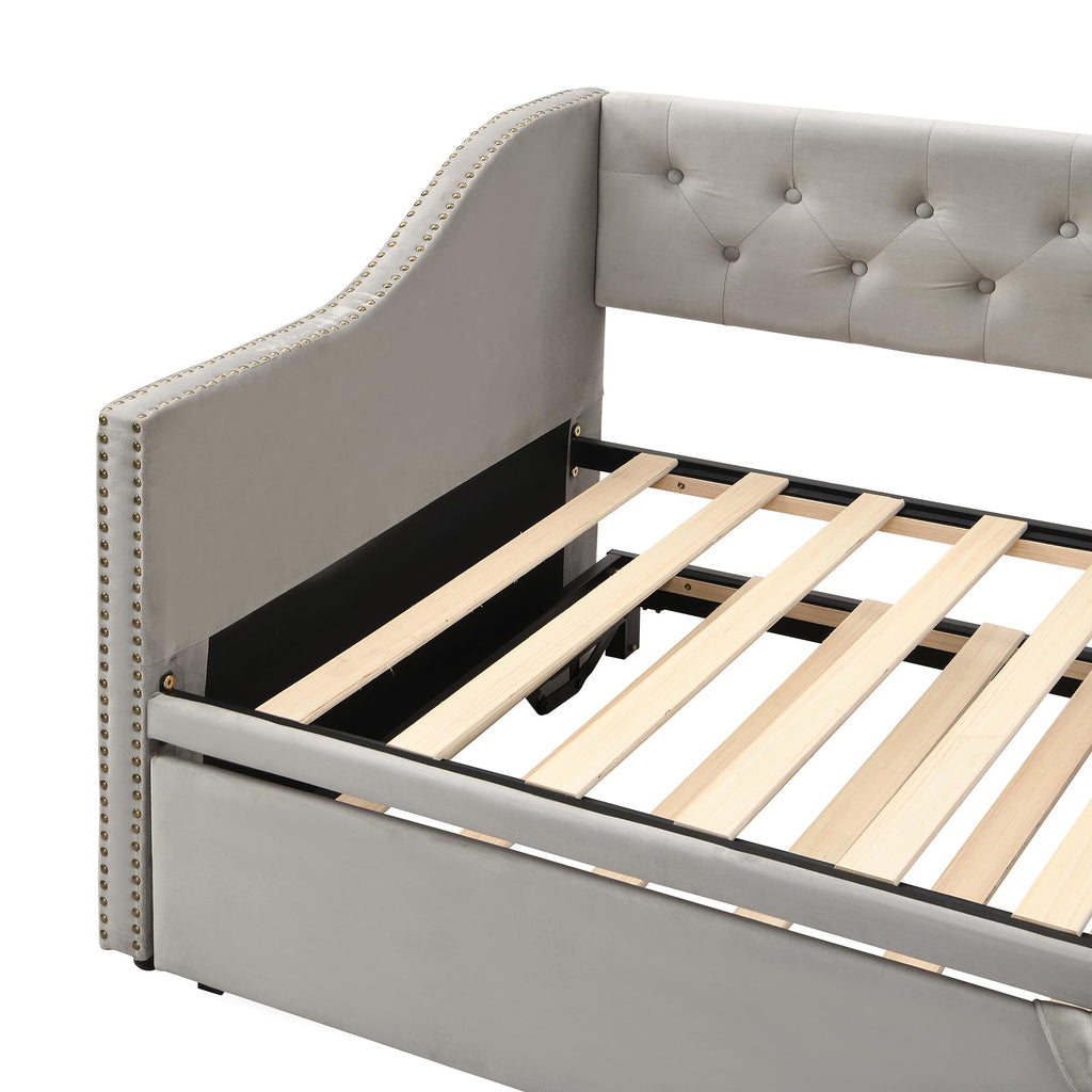 Twin Size Upholstered Daybed with Pop up Trundle, Velvet Day Bed Frame with Extendable Trundle, Twin to King