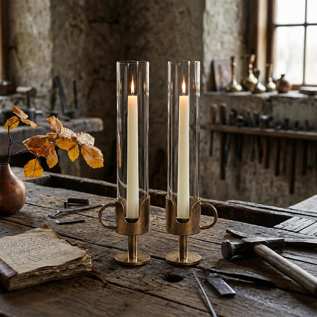 Vintage Cast Iron Hurricane Glass Candle Holder for Taper Candles Set of 2 | Handcrafted Handle Brass Candlestick