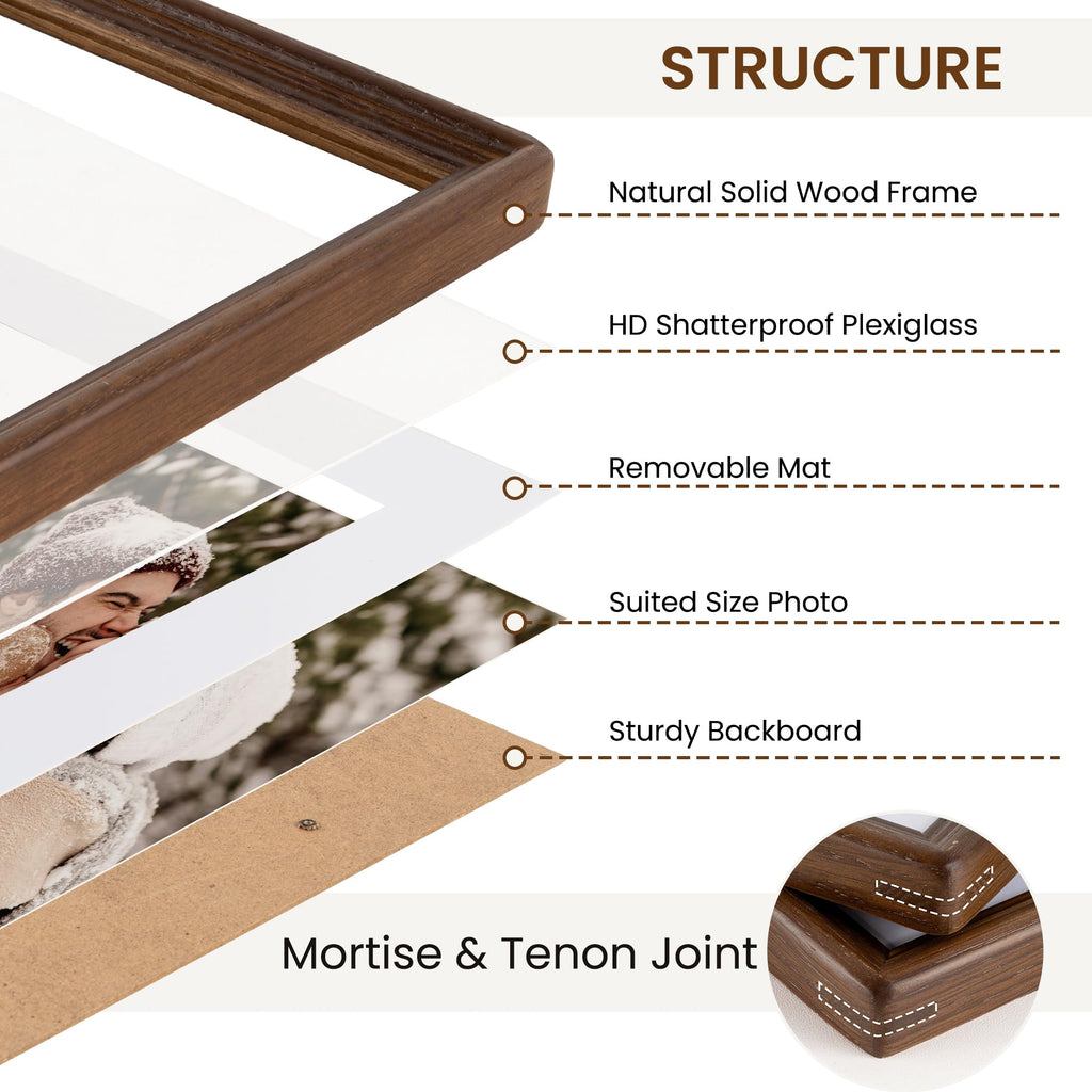8x10 Natural Solid Oak Wood Picture Frame with 5x7 Mat, Premium Rustic Wooden Photo Frames with Plexiglass, Poster