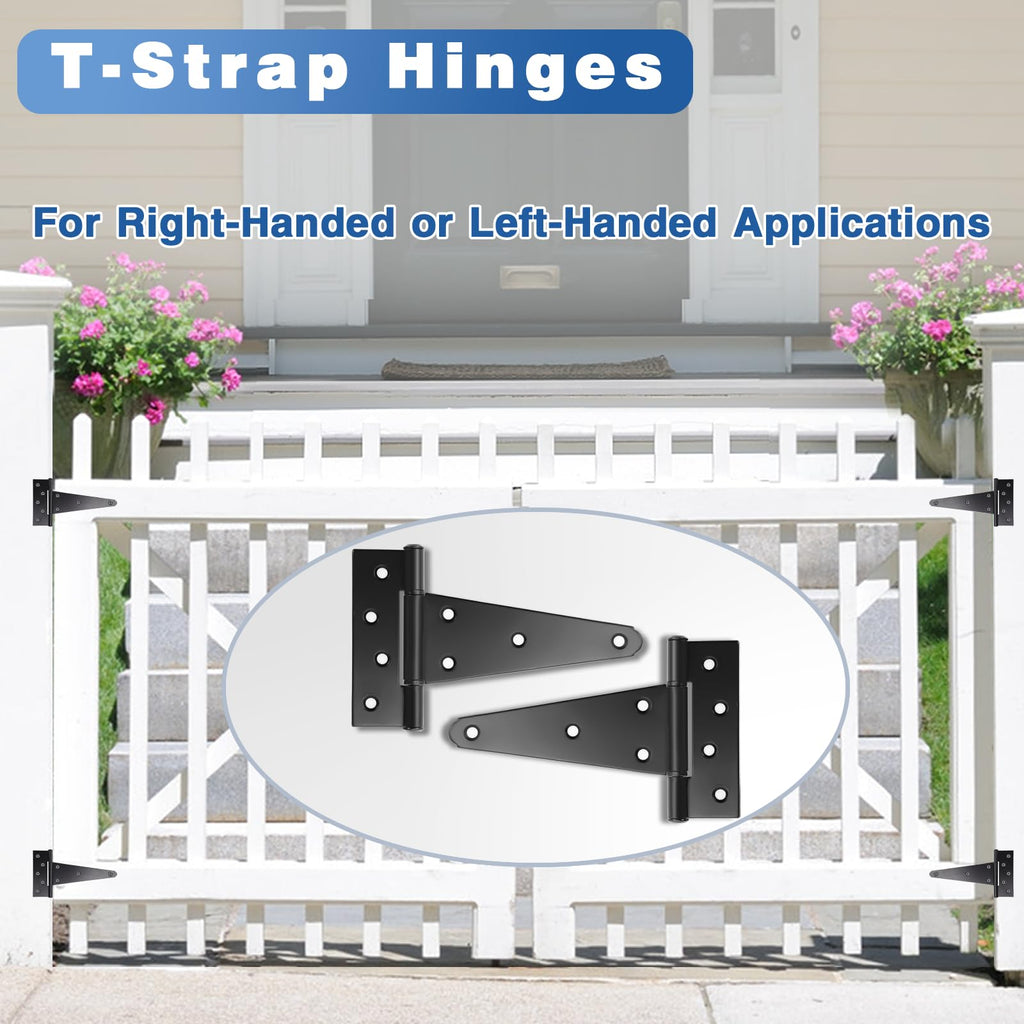 4 Inch T-Strap Gate Hinges, Heavy Duty Black Barn Door Hinges, 4 Pack