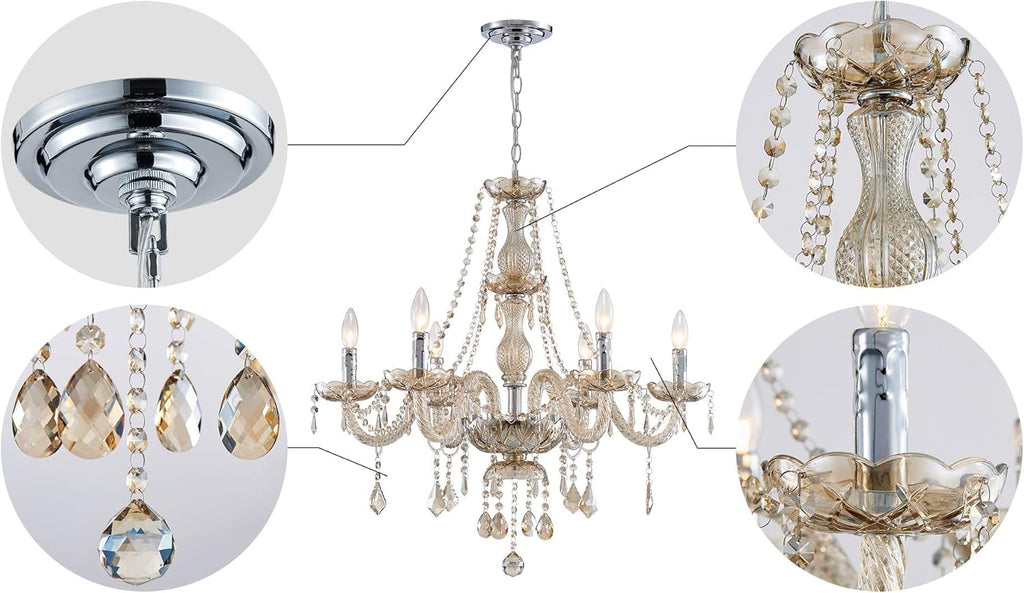 6 Light Chandelier Modern K9 Crystal Chandelier Lighting, Champagne Crystal Ceiling Light Fixture Pendant Lamp for Dining Room Bathroom Bedroom Livingroom A100-B09F389BJS