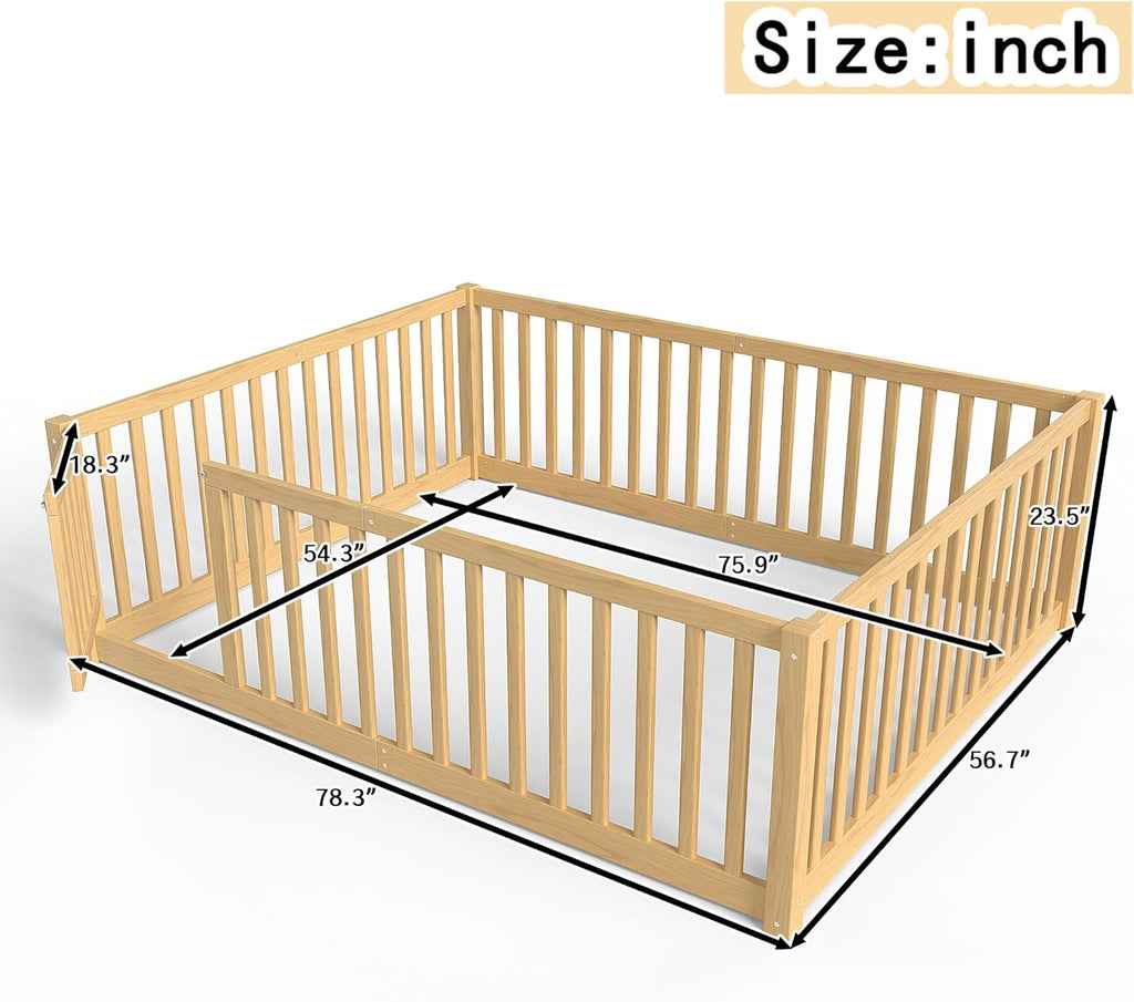 Full Size Kids Montessori Floor Bed with Door,Solid Wood Floor Bed Frame with High Fence for Girls,Boys,Natural