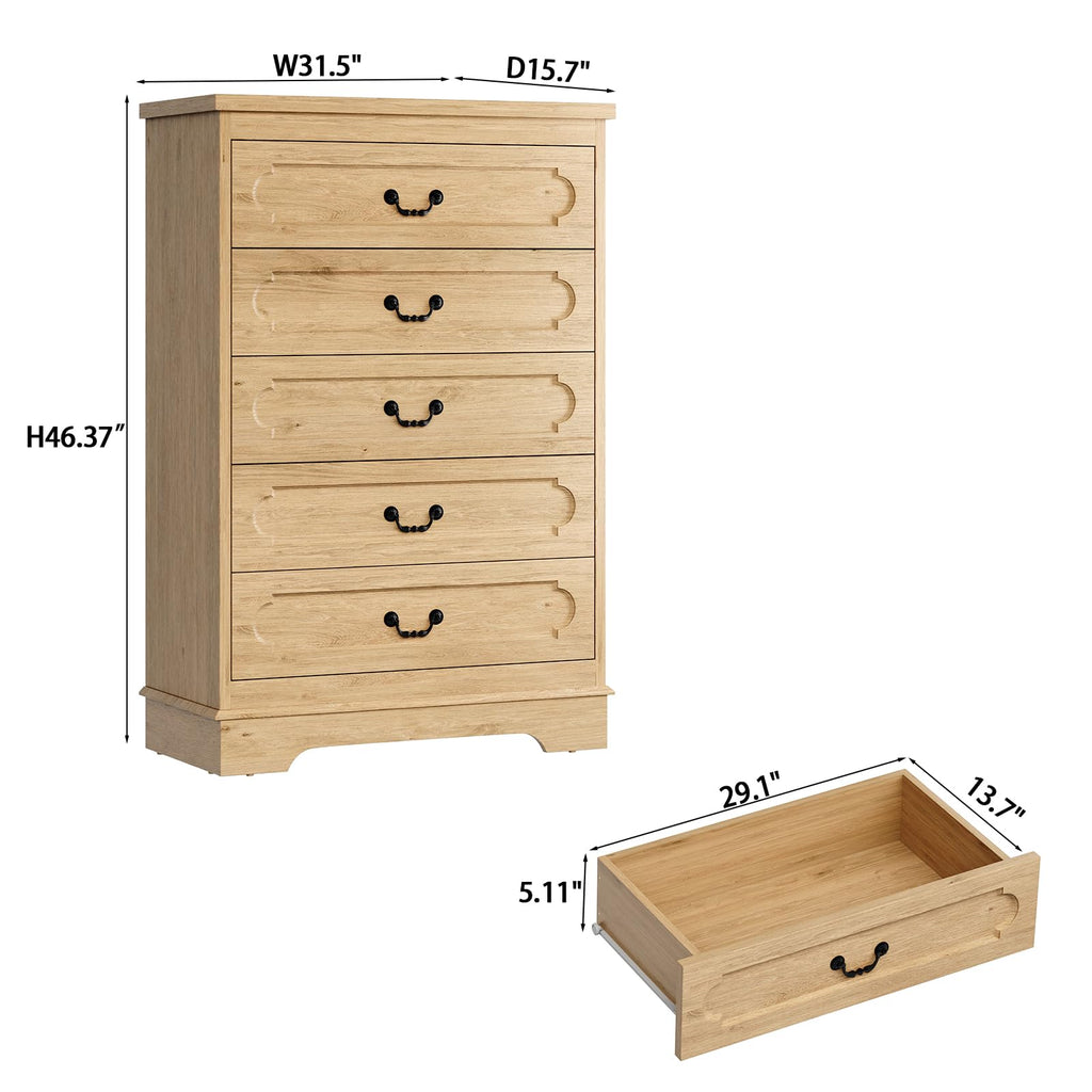 5 Drawer Natural Bedroom 46" Tall Wood Cabinet