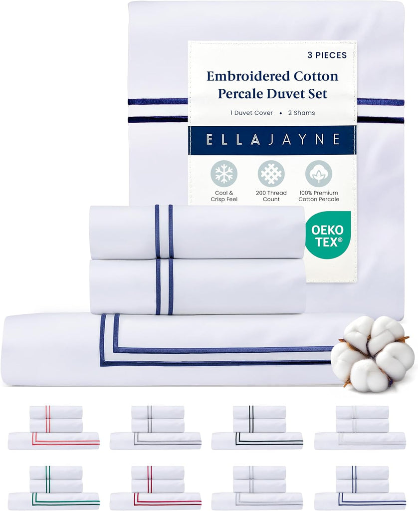 Duvet Cover Queen (3 Pieces), 100% Cotton Percale, Full/Queen, Soft, Breathable & Lightweight, Including Duvet Cover