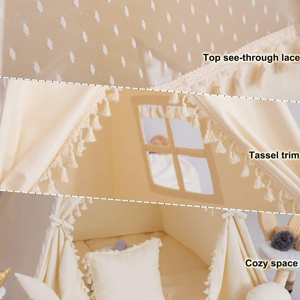 Kids Teepee Tent with Padded Mat, Banner, Fairy Lights, Yarn Ball, Carry Bag, Beige Cotton Canvas Play Tent for Child
