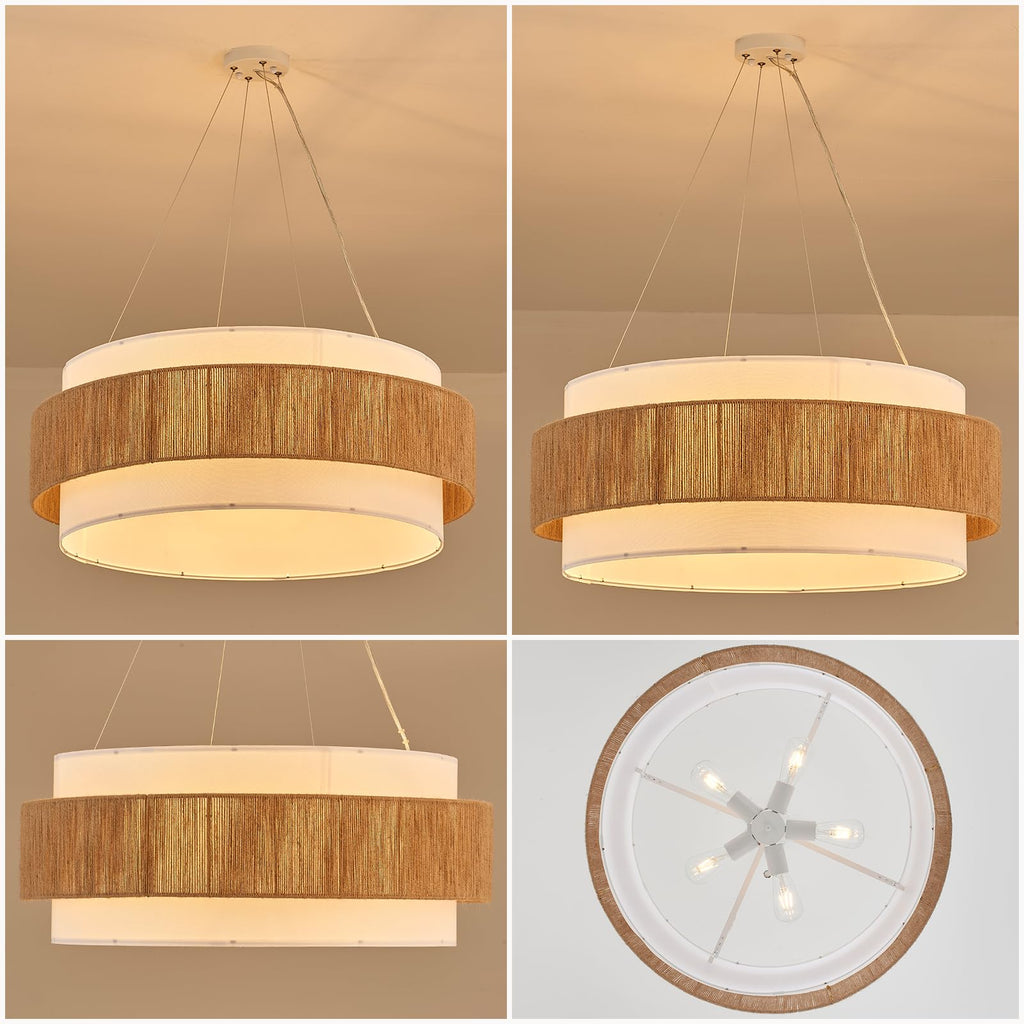 30" Fabric Rattan Chandelier Boho Hand Woven Coastal Pendant Light Adjustable Drum Large Pendant Lighting Fixtures