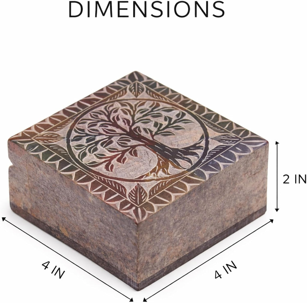 Hand Carved Marble Soapstone Square Jewellery Box, 4x4x2 Inch