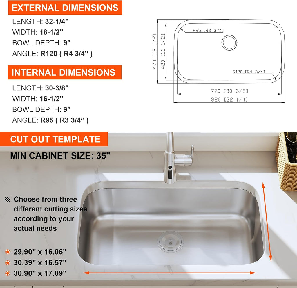 32 Inch Undermount Curved Single Bowl Kitchen Sink (Sink Only) | 304 Stainless Steel, 18 Gauge Thickness, Brushed